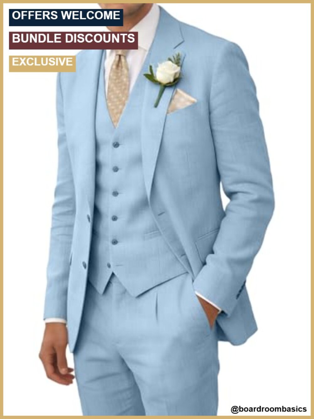Mens Linen Suit 3 Piece Slim Fit Lightweight Breathable Jacket Vest Pants Summer